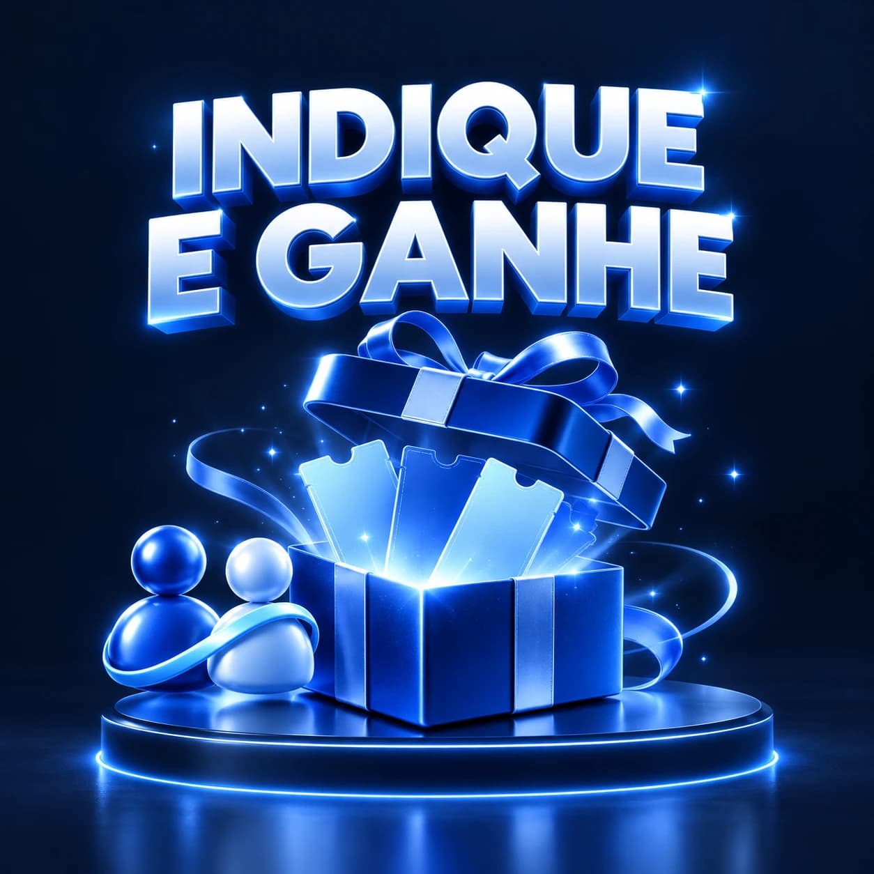Indique e Ganhe: caixa de presente azul com um pacote de propostas e símbolos de amigos