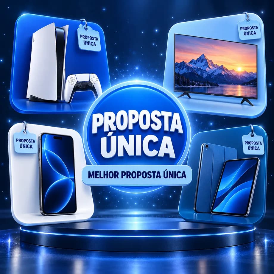 Vitrine da Proposta Única com videogame, televisão, smartphone e tablet